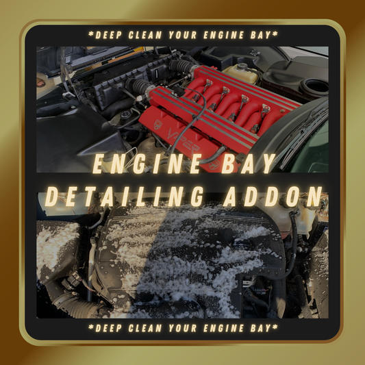 Split-screen image showing a clean Dodge Viper engine on one side and an engine covered in soap on the other, with the text Engine Bay Detailing Addon Deep Clean Your Engine Bay displayed