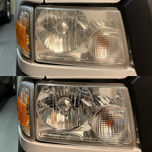 "Before and after comparison of headlight restoration showing the dramatic transformation from dull and cloudy to bright and clear.