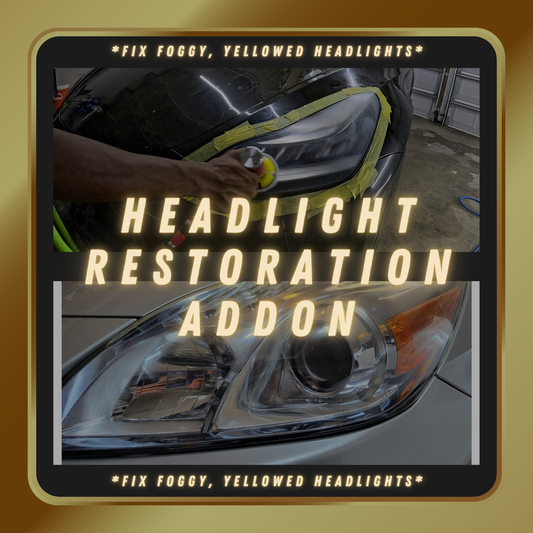 Top-bottom split image showing a detailer sanding a foggy, yellowed headlight at the top, and the restored, clear headlight result at the bottom, with the text 'Fix Foggy, Yellowed Headlights' displayed