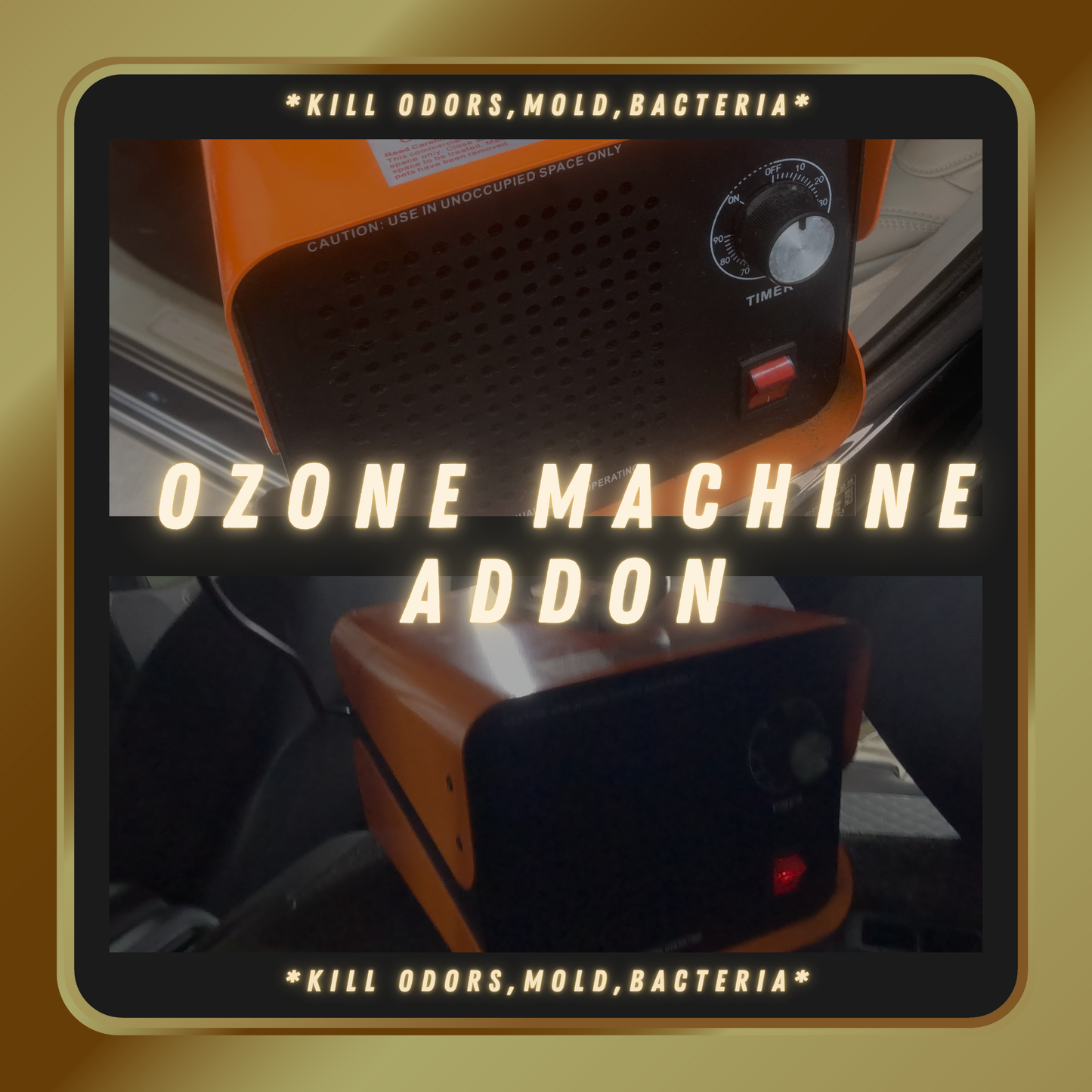 Image of an ozone machine placed inside a vehicle interior, used for eliminating odors and sanitizing the air.