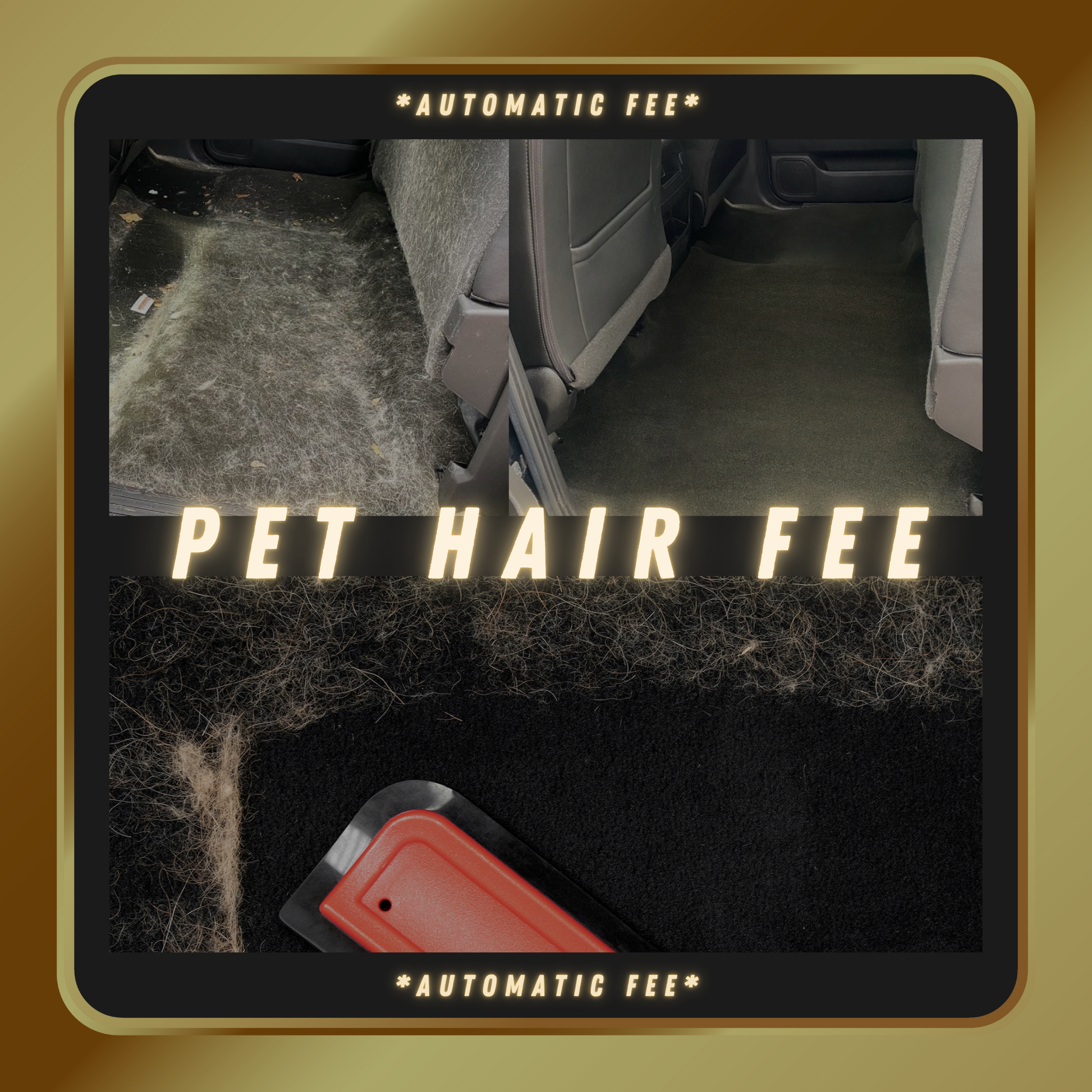 Split-screen image showing a car carpet covered in pet hair on the top, and the same carpet cleaned and hair-free on the bottom, showcasing the effectiveness of the pet hair removal service