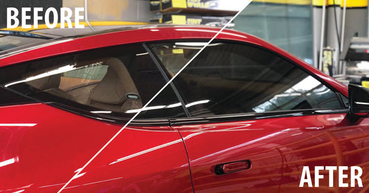 Before and after window tinting on a red vehicle, showcasing the difference in tint level and overall appearance.